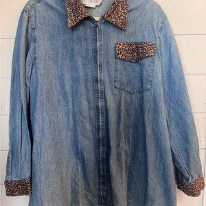 VTG Motherhood Maternity Denim zip- up Blouse Shirt cheetah print trim sz M/L